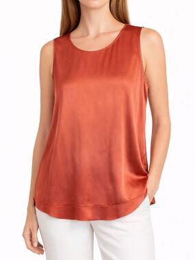 Eileen Fisher Silk Sleeveless Blouse Coral/Sienna Satin Shell Top Size L